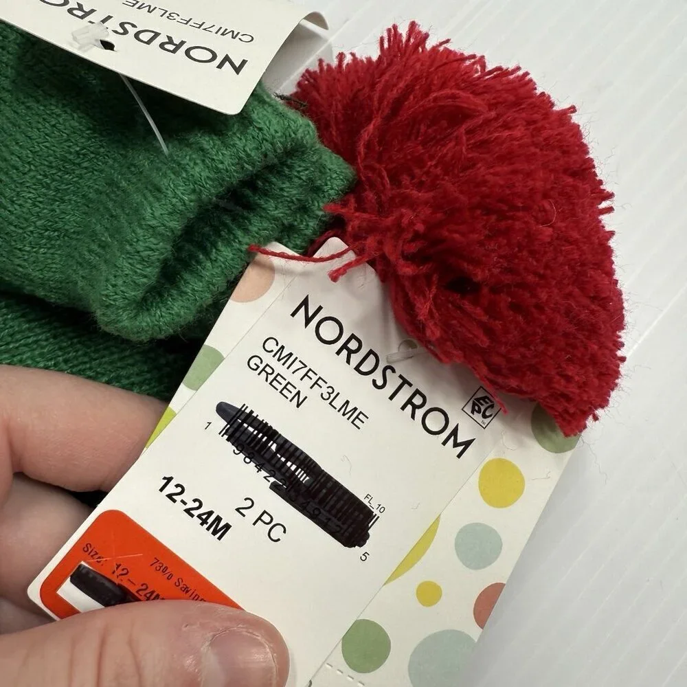 Little Me Reindeer Knit Hat 12-24M Green Red Pom Christmas Winter Beanie New NWT